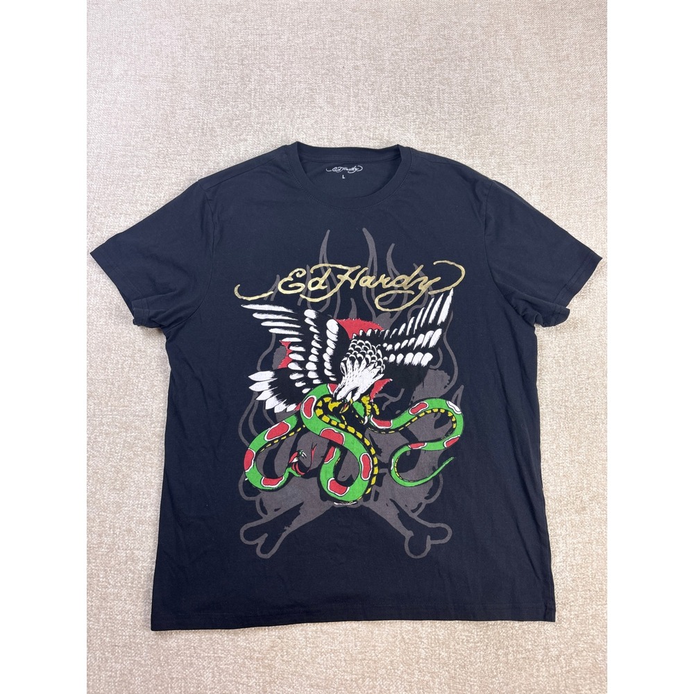 Ed Hardy Mens Graphic T-Shirt Black Eagle Snake Tattoo Gold Logo Large